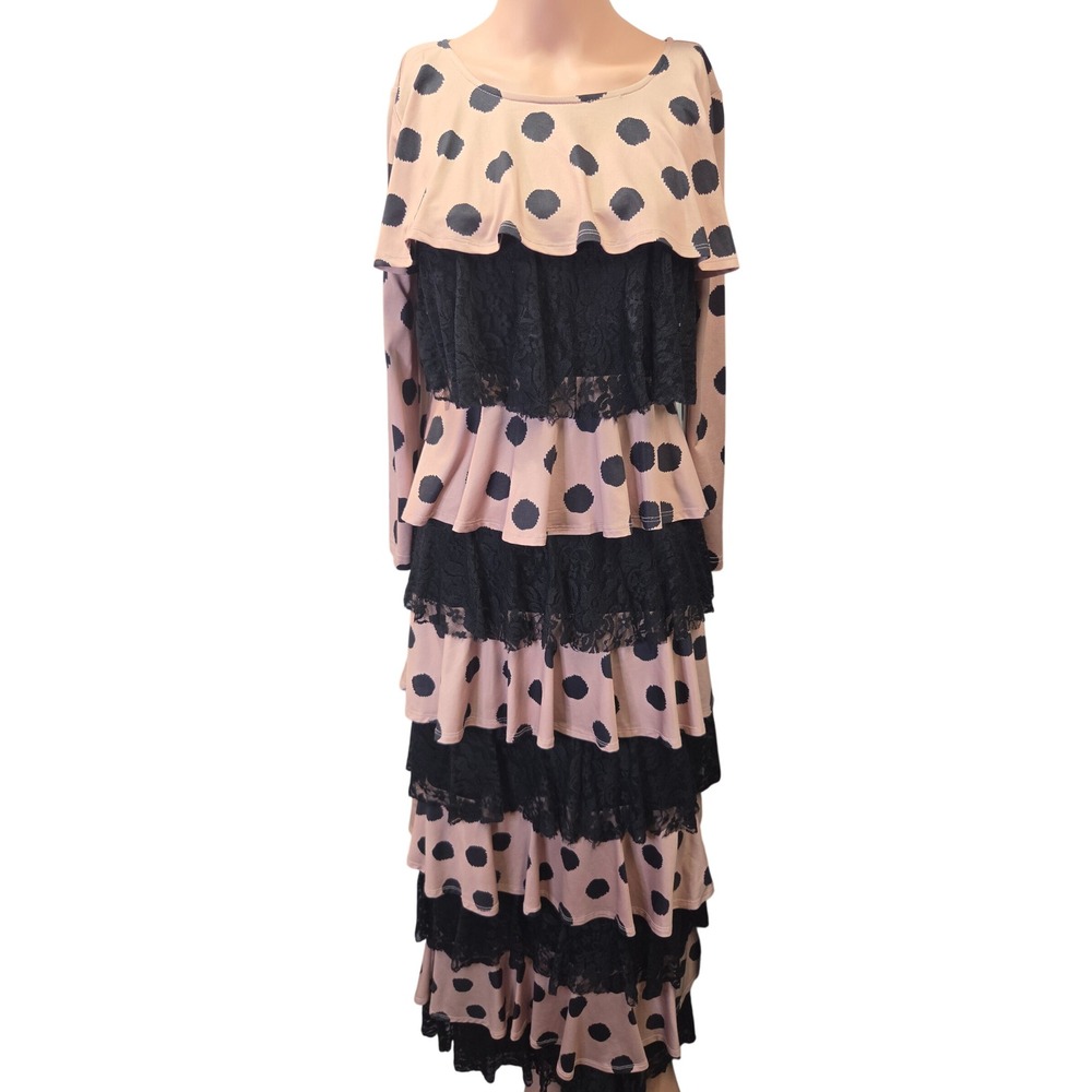 Dainty Jewell's Maxi Dress Women Small Tan Black Polka Dot Excellent Lace Tiered